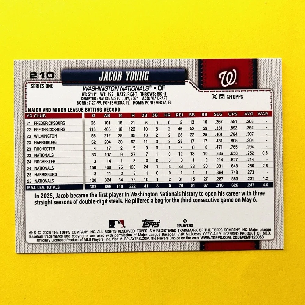 2026 Topps Series 1 Jacob Young #210‎ Washington Nationals Base Card